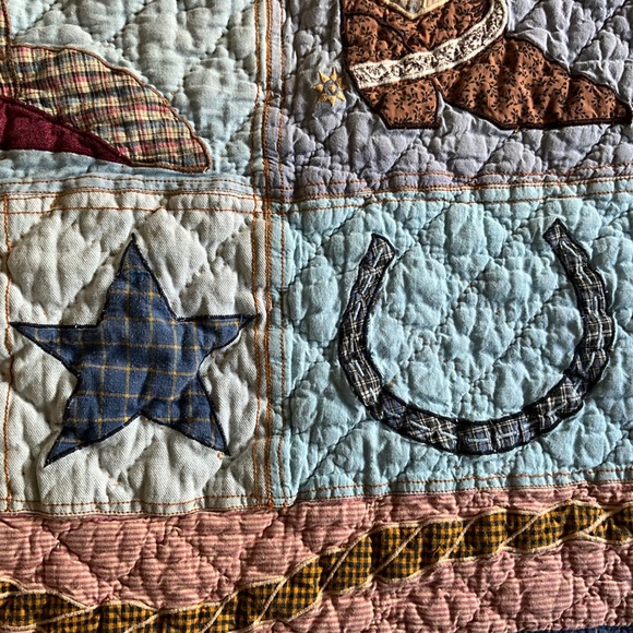 Vintage Patch Magic Toddler Bed Western Cowboy Rodeo Quilt Blanket Boot Horse - Picture 3 of 13